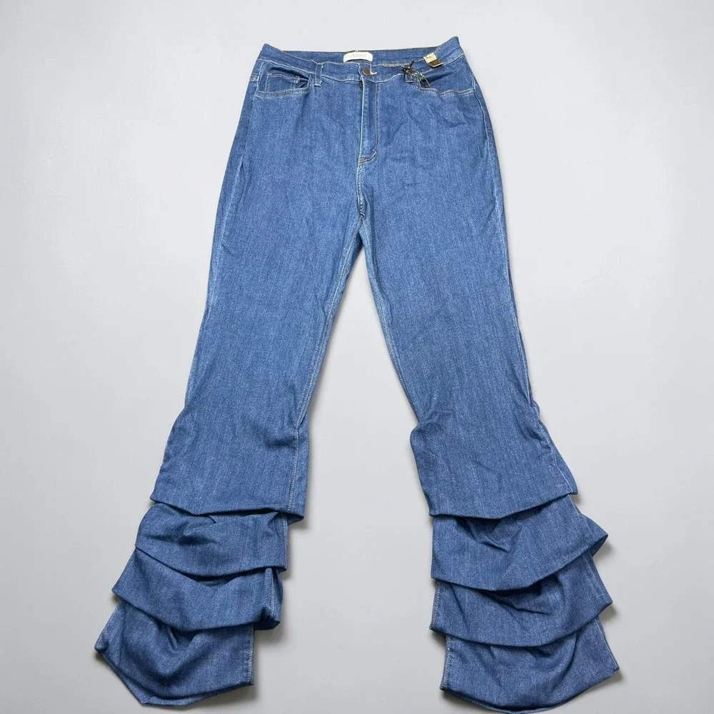 NEW Vibrant MIU Womens 2X Ruffle Tiered Flare Jeans High Rise Blue Denim W32xL33 - Picture 2 of 10